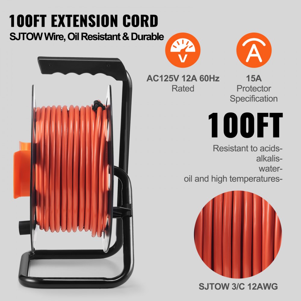 VEVOR Extension Cord Reel, 100FT, with 4 Outlets and Dust Cover, Heavy Duty 12AWG SJTOW Power Cord, Manual Cord Reel with Portable Handle Circuit Breaker, for Toolshed Garage, Tested to UL Standards 