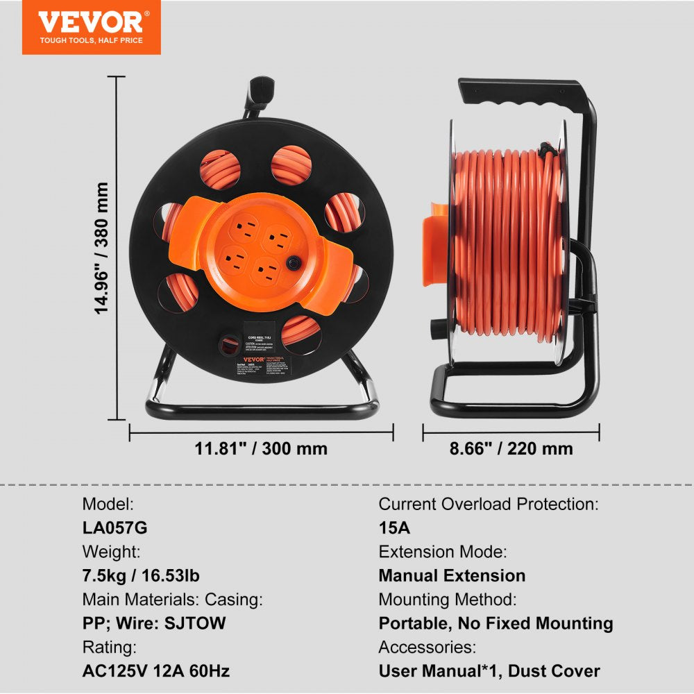 VEVOR Extension Cord Reel, 100FT, with 4 Outlets and Dust Cover, Heavy Duty 12AWG SJTOW Power Cord, Manual Cord Reel with Portable Handle Circuit Breaker, for Toolshed Garage, Tested to UL Standards 