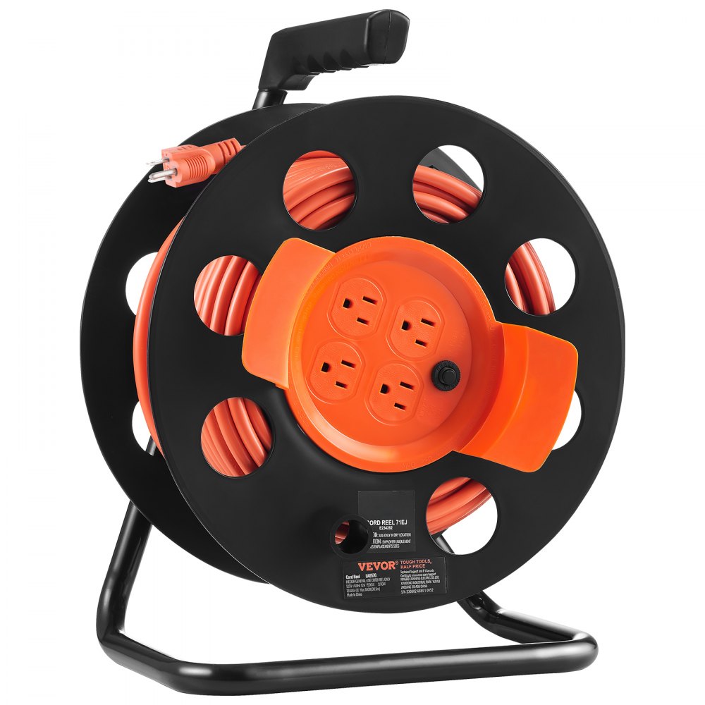 VEVOR Extension Cord Reel, 100FT, with 4 Outlets and Dust Cover, Heavy Duty 12AWG SJTOW Power Cord, Manual Cord Reel with Portable Handle Circuit Breaker, for Toolshed Garage, Tested to UL Standards 