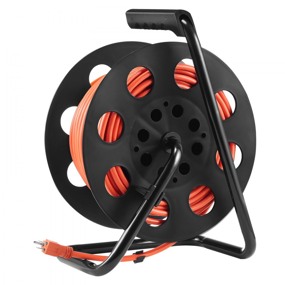 VEVOR Extension Cord Reel, 100FT, with 4 Outlets and Dust Cover, Heavy Duty 12AWG SJTOW Power Cord, Manual Cord Reel with Portable Handle Circuit Breaker, for Toolshed Garage, Tested to UL Standards 