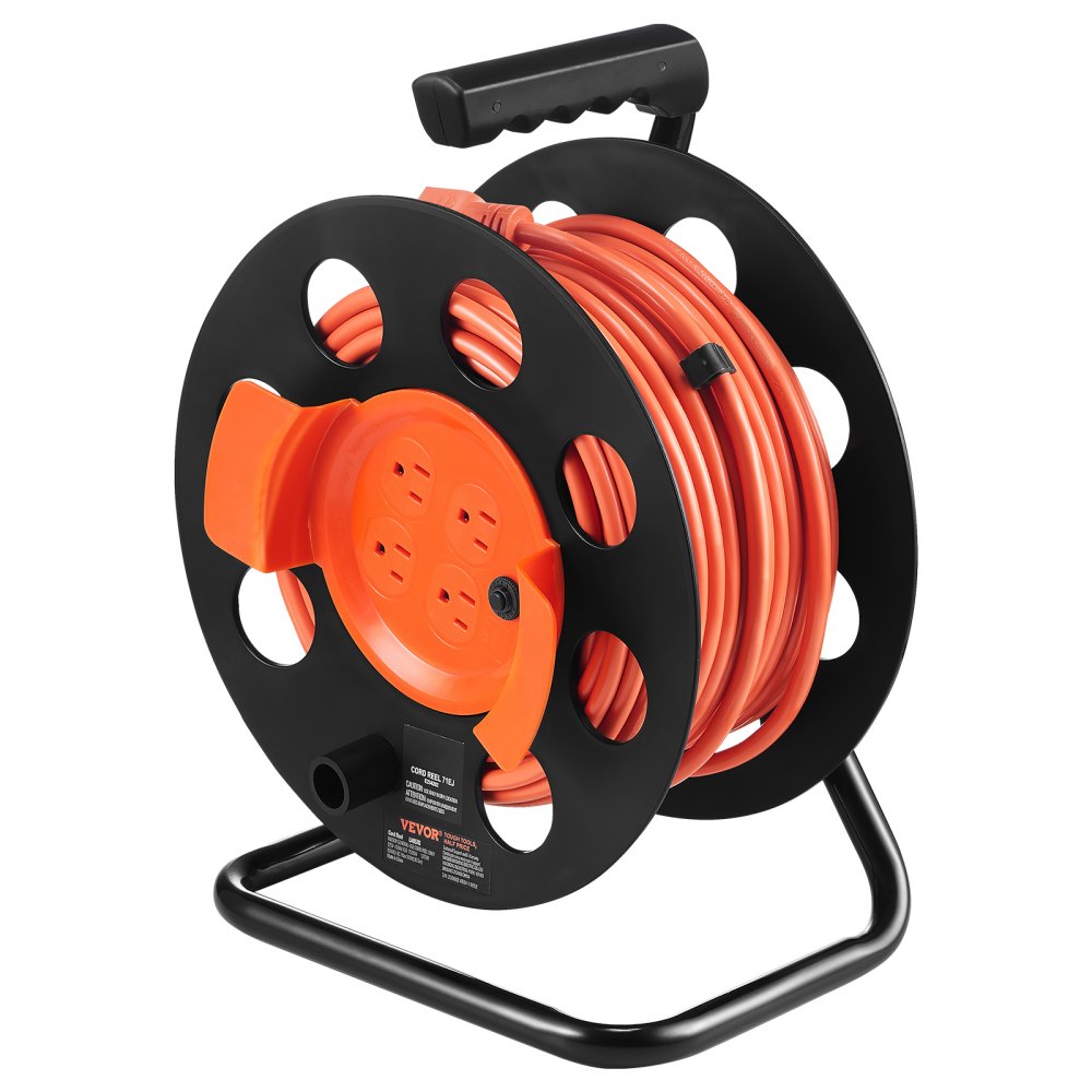 VEVOR Extension Cord Reel, 100FT, with 4 Outlets and Dust Cover, Heavy Duty 12AWG SJTOW Power Cord, Manual Cord Reel with Portable Handle Circuit Breaker, for Toolshed Garage, Tested to UL Standards 