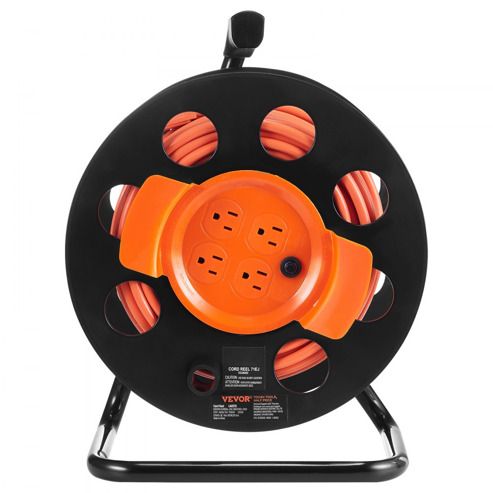 VEVOR Extension Cord Reel, 100FT, with 4 Outlets and Dust Cover, Heavy Duty 12AWG SJTOW Power Cord, Manual Cord Reel with Portable Handle Circuit Breaker, for Toolshed Garage, Tested to UL Standards 