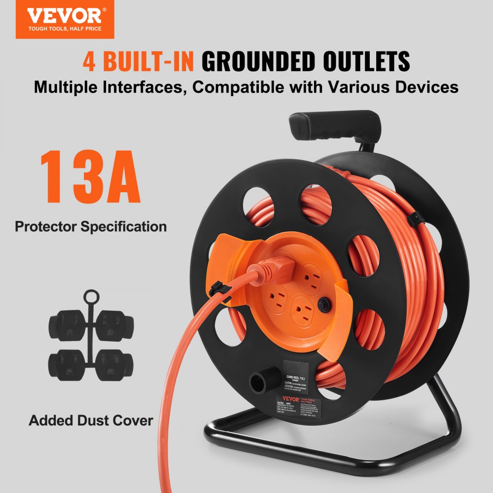 VEVOR Extension Cord Reel, 100FT, with 4 Outlets and Dust Cover, Heavy Duty 14AWG SJTOW Power Cord, Manual Cord Reel with Portable Handle Circuit Breaker, for Toolshed Garage, Tested to UL Standards 