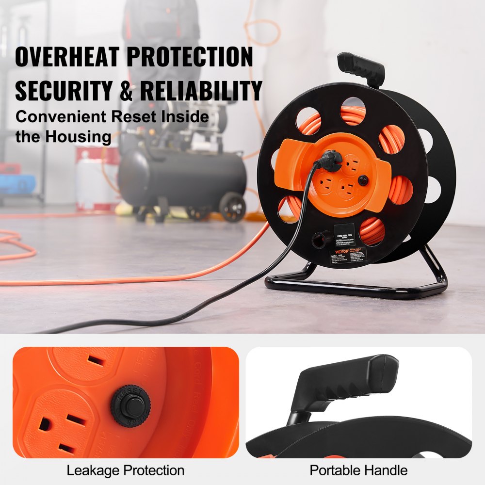 VEVOR Extension Cord Reel, 100FT, with 4 Outlets and Dust Cover, Heavy Duty 14AWG SJTOW Power Cord, Manual Cord Reel with Portable Handle Circuit Breaker, for Toolshed Garage, Tested to UL Standards 