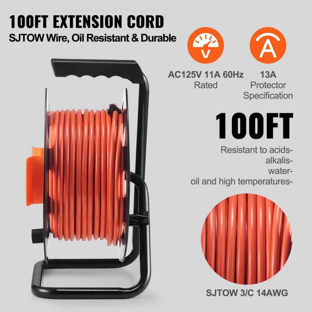 VEVOR Extension Cord Reel, 100FT, with 4 Outlets and Dust Cover, Heavy Duty 14AWG SJTOW Power Cord, Manual Cord Reel with Portable Handle Circuit Breaker, for Toolshed Garage, Tested to UL Standards 