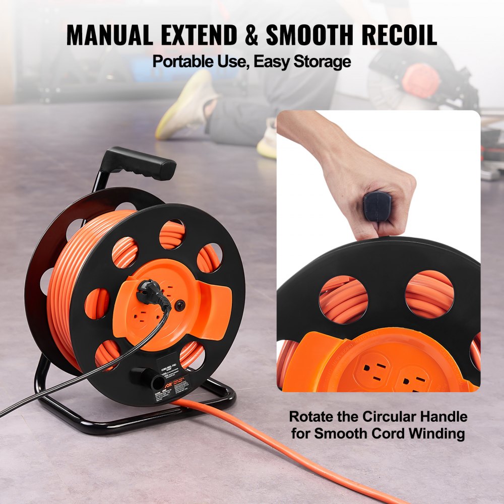 VEVOR Extension Cord Reel, 100FT, with 4 Outlets and Dust Cover, Heavy Duty 14AWG SJTOW Power Cord, Manual Cord Reel with Portable Handle Circuit Breaker, for Toolshed Garage, Tested to UL Standards 