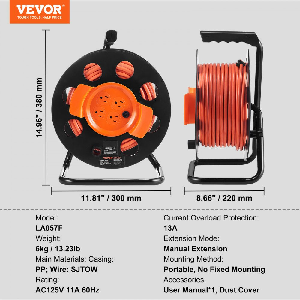 VEVOR Extension Cord Reel, 100FT, with 4 Outlets and Dust Cover, Heavy Duty 14AWG SJTOW Power Cord, Manual Cord Reel with Portable Handle Circuit Breaker, for Toolshed Garage, Tested to UL Standards 