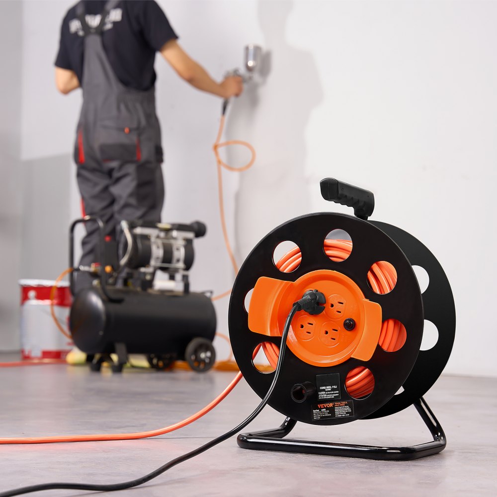 VEVOR Extension Cord Reel, 100FT, with 4 Outlets and Dust Cover, Heavy Duty 14AWG SJTOW Power Cord, Manual Cord Reel with Portable Handle Circuit Breaker, for Toolshed Garage, Tested to UL Standards 