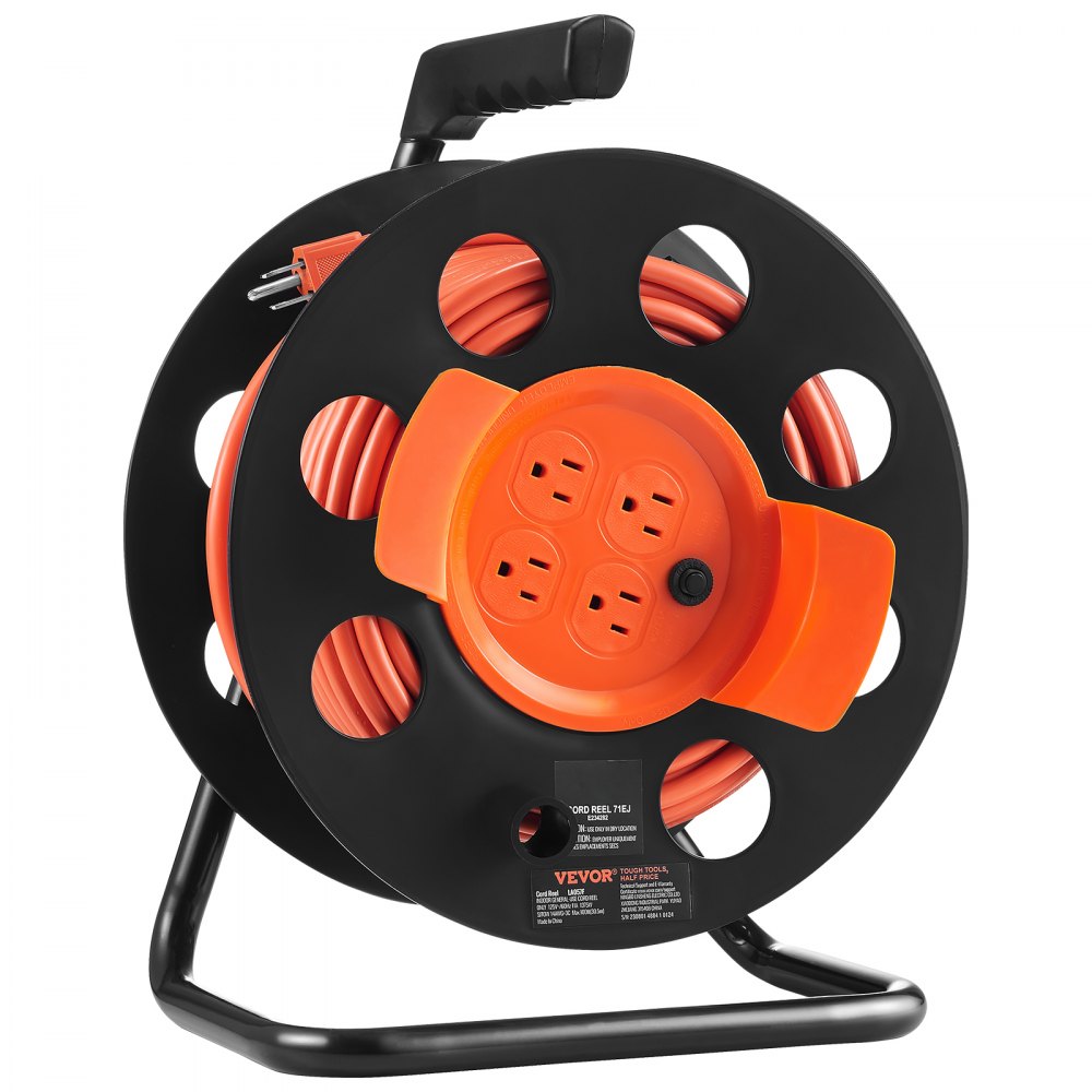 VEVOR Extension Cord Reel, 100FT, with 4 Outlets and Dust Cover, Heavy Duty 14AWG SJTOW Power Cord, Manual Cord Reel with Portable Handle Circuit Breaker, for Toolshed Garage, Tested to UL Standards 