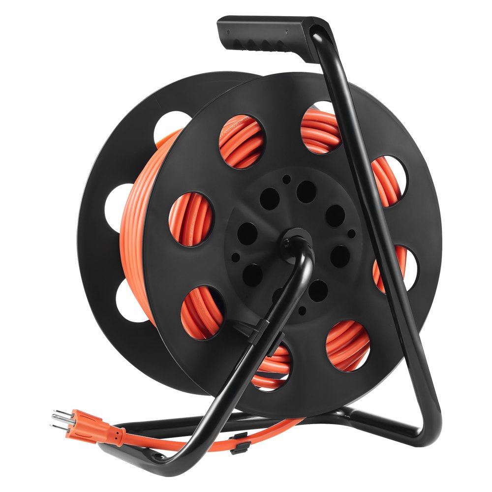 VEVOR Extension Cord Reel, 100FT, with 4 Outlets and Dust Cover, Heavy Duty 14AWG SJTOW Power Cord, Manual Cord Reel with Portable Handle Circuit Breaker, for Toolshed Garage, Tested to UL Standards 