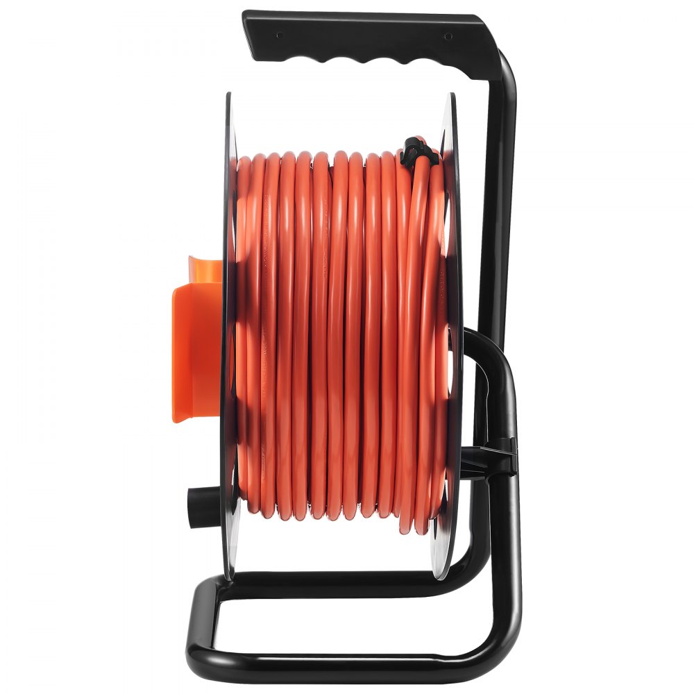 VEVOR Extension Cord Reel, 100FT, with 4 Outlets and Dust Cover, Heavy Duty 14AWG SJTOW Power Cord, Manual Cord Reel with Portable Handle Circuit Breaker, for Toolshed Garage, Tested to UL Standards 