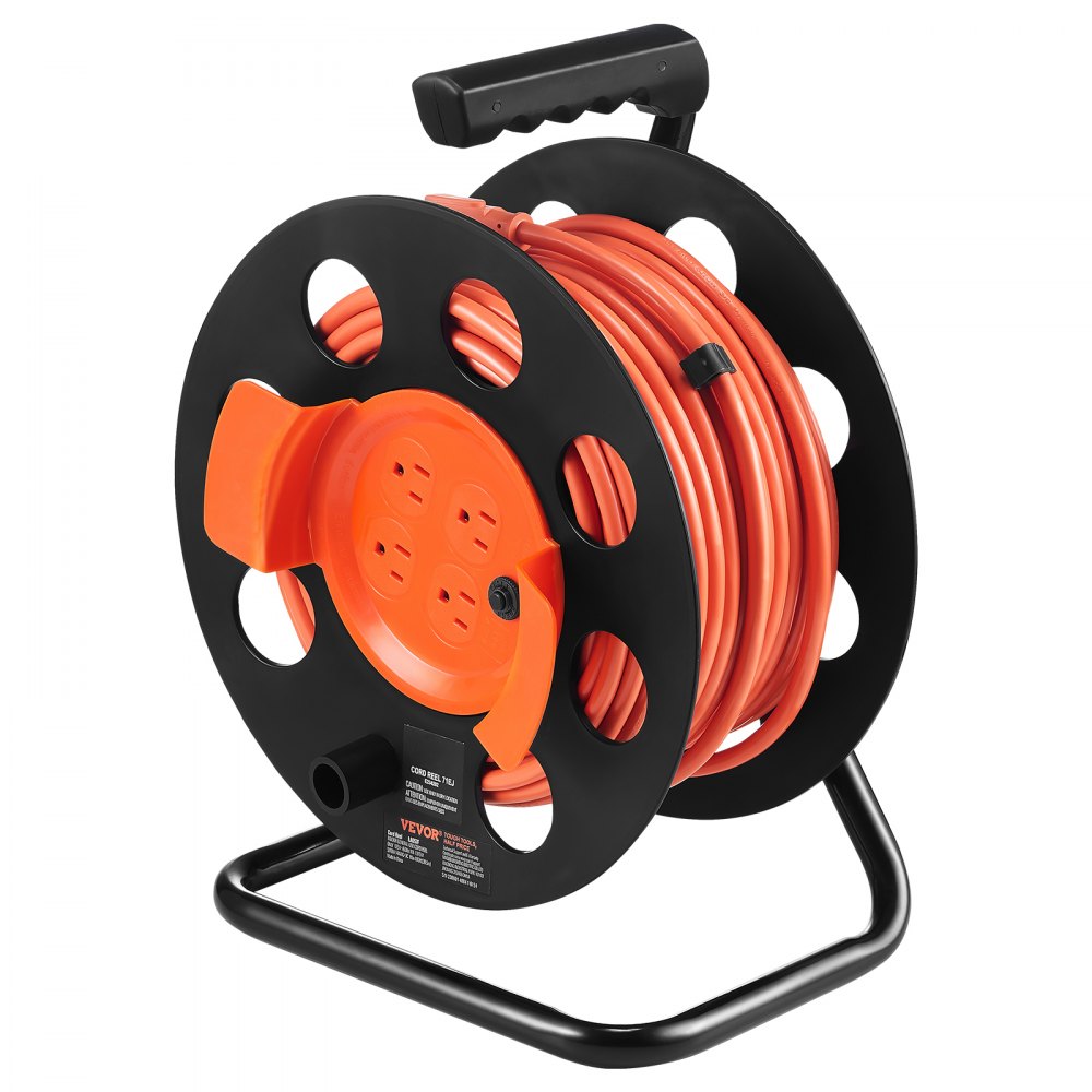 VEVOR Extension Cord Reel, 100FT, with 4 Outlets and Dust Cover, Heavy Duty 14AWG SJTOW Power Cord, Manual Cord Reel with Portable Handle Circuit Breaker, for Toolshed Garage, Tested to UL Standards 