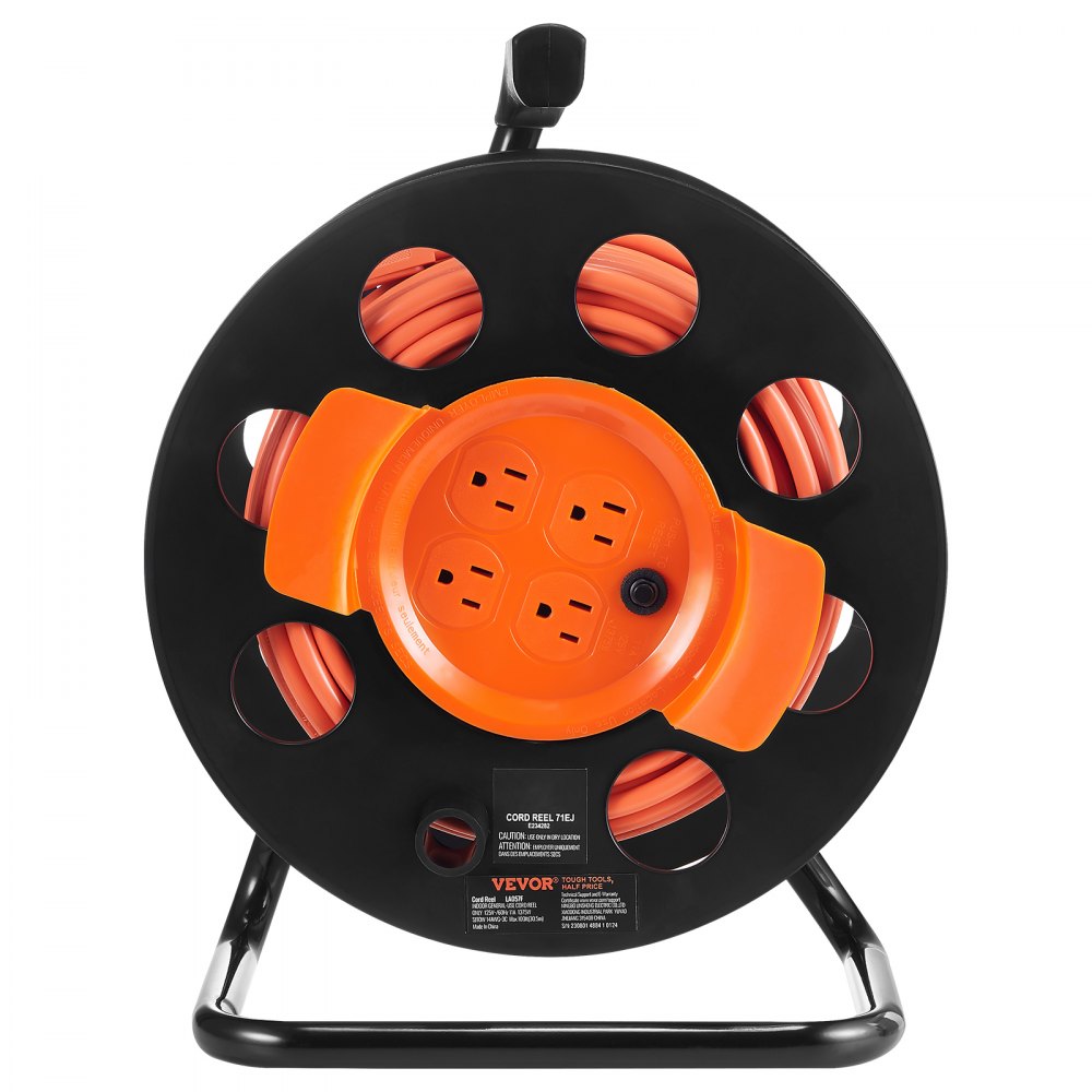 VEVOR Extension Cord Reel, 100FT, with 4 Outlets and Dust Cover, Heavy Duty 14AWG SJTOW Power Cord, Manual Cord Reel with Portable Handle Circuit Breaker, for Toolshed Garage, Tested to UL Standards 