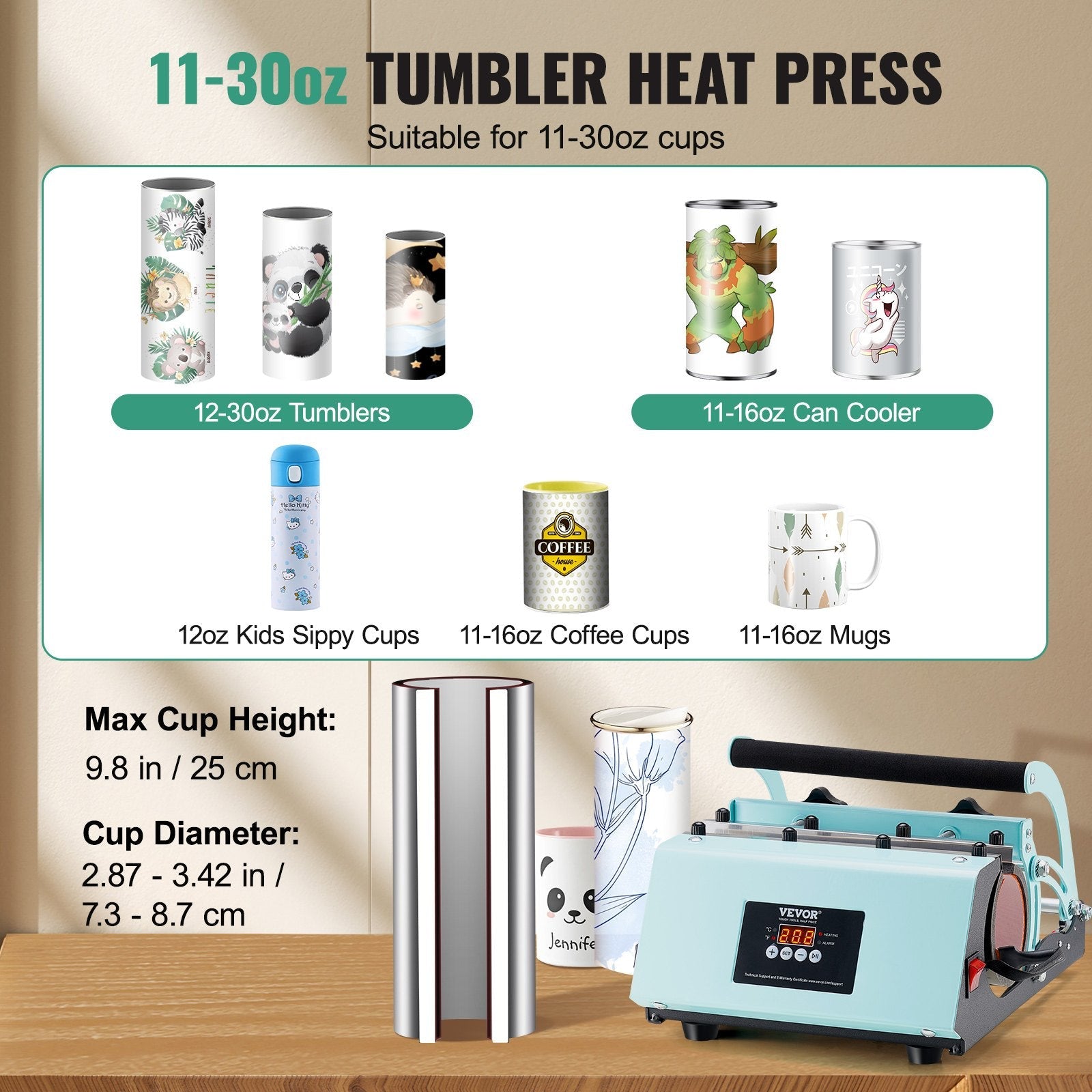 VEVOR Tumbler Heat Press Machine 11-30oz Mug Press Sublimation Tumblers Green 