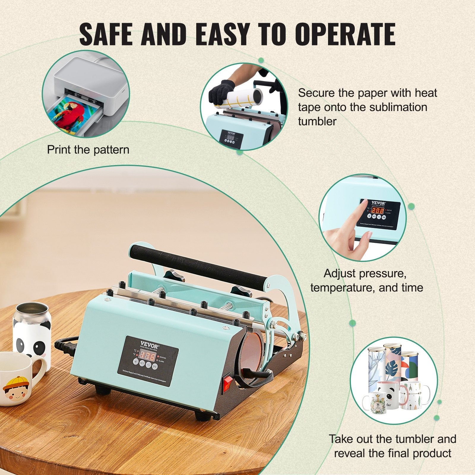 VEVOR Tumbler Heat Press Machine 11-30oz Mug Press Sublimation Tumblers Green 