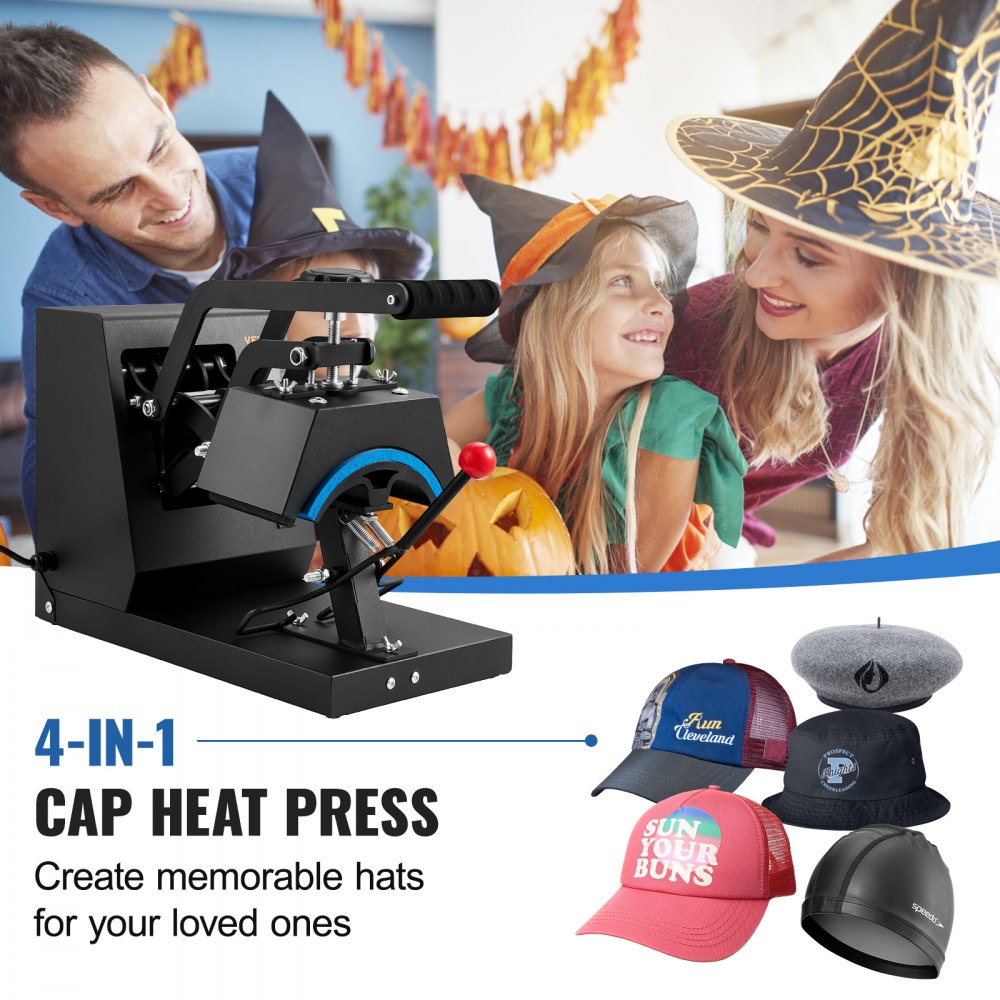 VEVOR Hat Heat Press, 4-in-1 Cap Heat Press Machine, 6 x 3in Clamshell Sublimation Transfer, LCD Digital Timer Temperature Control with 4pcs Curved Heating Elements (6x3/6.7x2.7/6.7x2.7/8.1x3.5) 