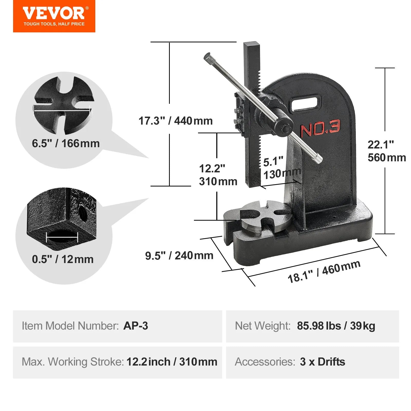 VEVOR Arbor Press, 3 Ton Manual Arbor Press, 12.2" Maximum Height, Cast Iron Heavy-duty Manual Desktop Arbor Press, Precision Hand Press for Stamping, Bending, Stretching, Forming