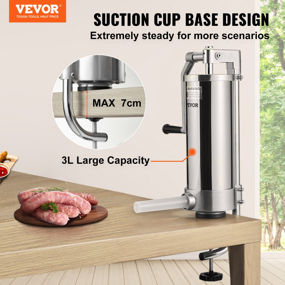 VEVOR Sausage Stuffer, 5LBS/3L Capacity, 304 Stainless Steel Vertical Sausage Stuffer, Sausage Filling Machine with 3 Stuffing Tubes, Suction Base and Manual Crank for Household or Commercial Use 