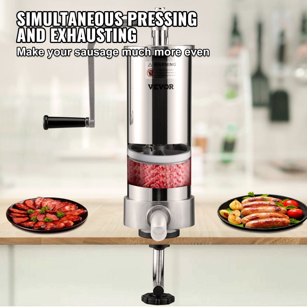 VEVOR Sausage Stuffer, 5LBS/3L Capacity, 304 Stainless Steel Vertical Sausage Stuffer, Sausage Filling Machine with 3 Stuffing Tubes, Suction Base and Manual Crank for Household or Commercial Use 