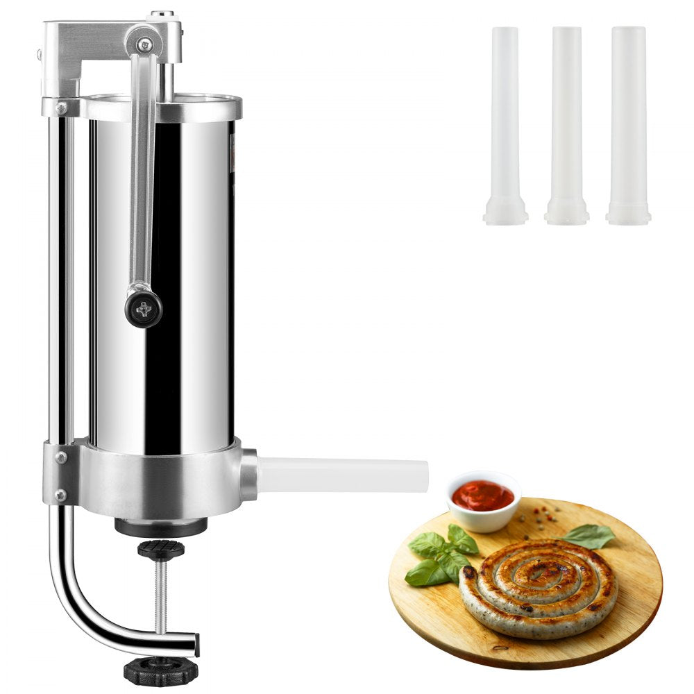 VEVOR Sausage Stuffer, 5LBS/3L Capacity, 304 Stainless Steel Vertical Sausage Stuffer, Sausage Filling Machine with 3 Stuffing Tubes, Suction Base and Manual Crank for Household or Commercial Use 