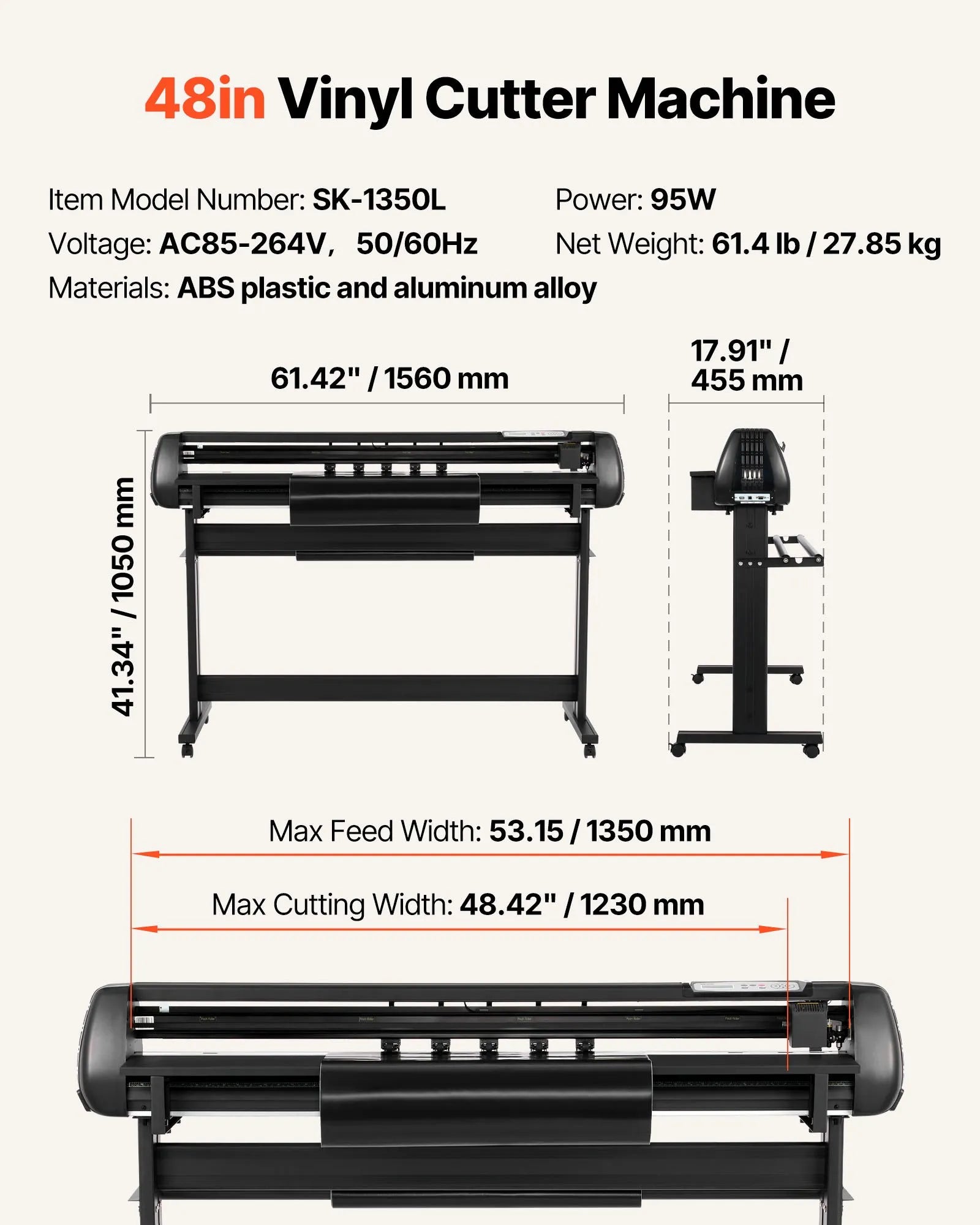 VEVOR Vinyl Cutter Machine, 53 inch Max Feed Width, Dual Blades, Adjustable Force and Speed, LED Display, Vinyl Plotter Cutter Printer with Signmaster Software for Compatible with Windows and macOS 