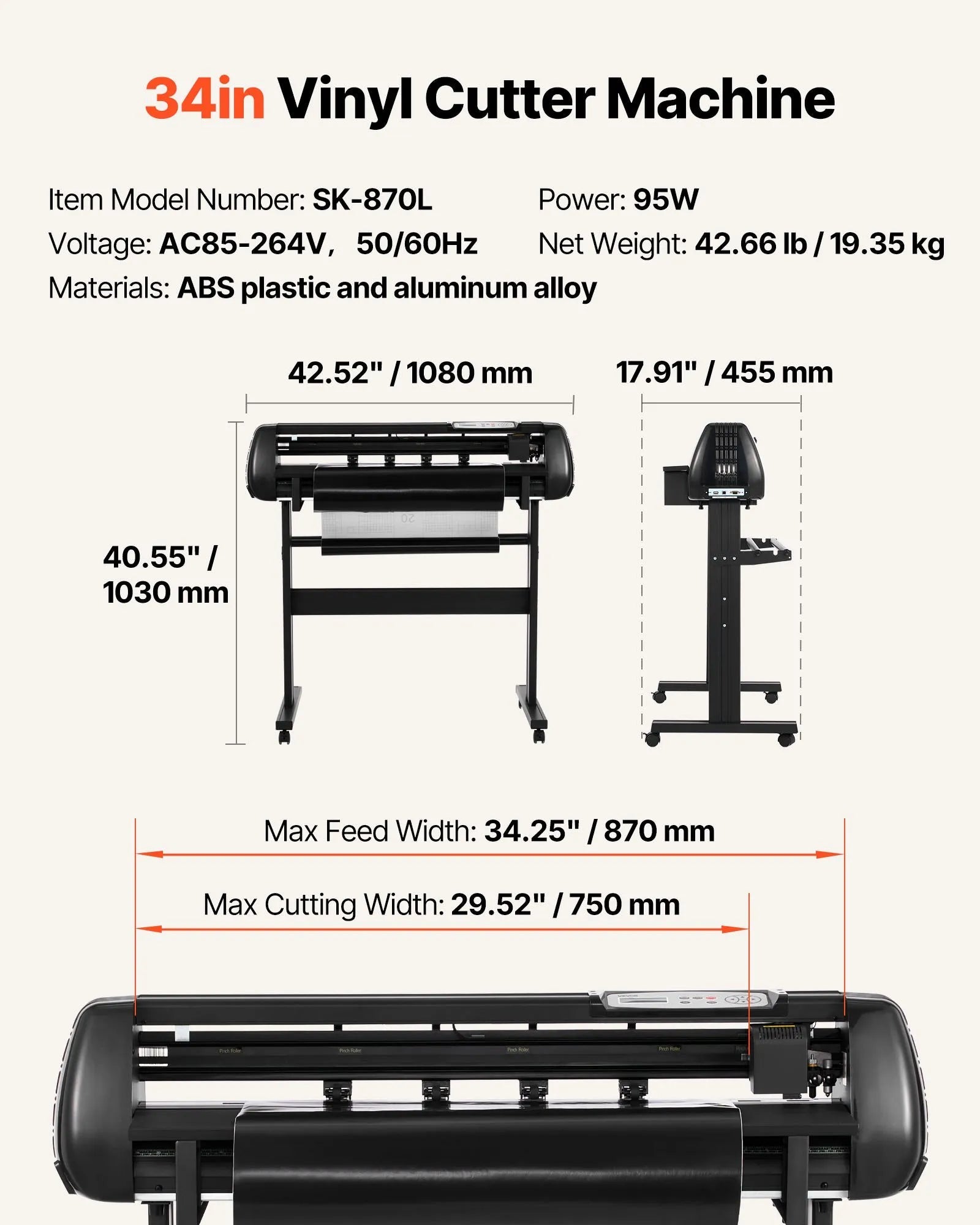 VEVOR Vinyl Cutter Machine, 34 inch Max Feed Width, Dual Blades, Adjustable Force and Speed, LED Display, Vinyl Plotter Cutter Printer Bundle with Sticker Sheets, Transfer Film, Signmaster Software 