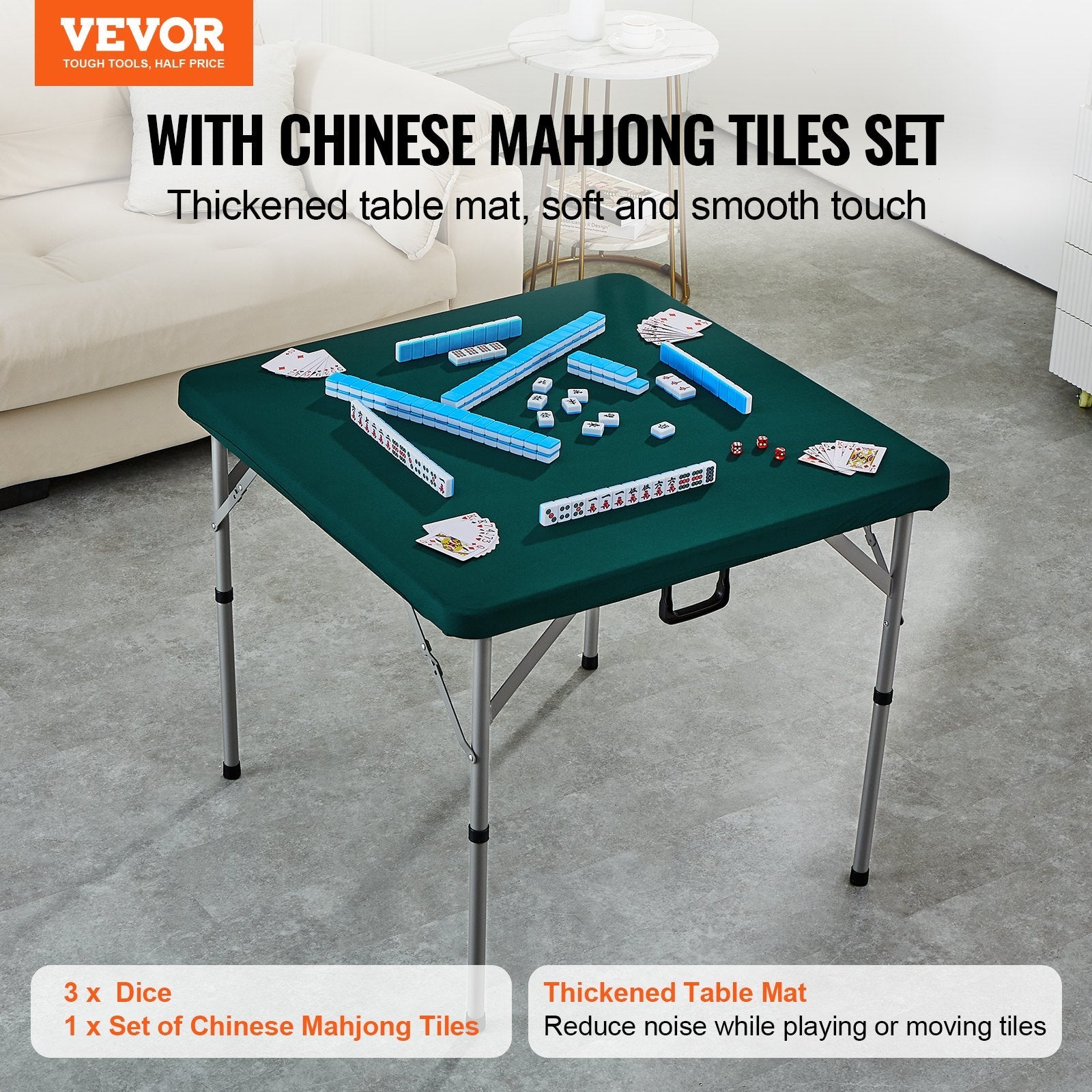 VEVOR Mahjong Table with Mahjong Tiles Set, Fold-in-Half 4 Player Card Table with 144PCS Majiang Tiles and 3 Dice, Portable Bi-Folding Domino Table with Wear-Resistant Green Tabletop & Carrying Handle 