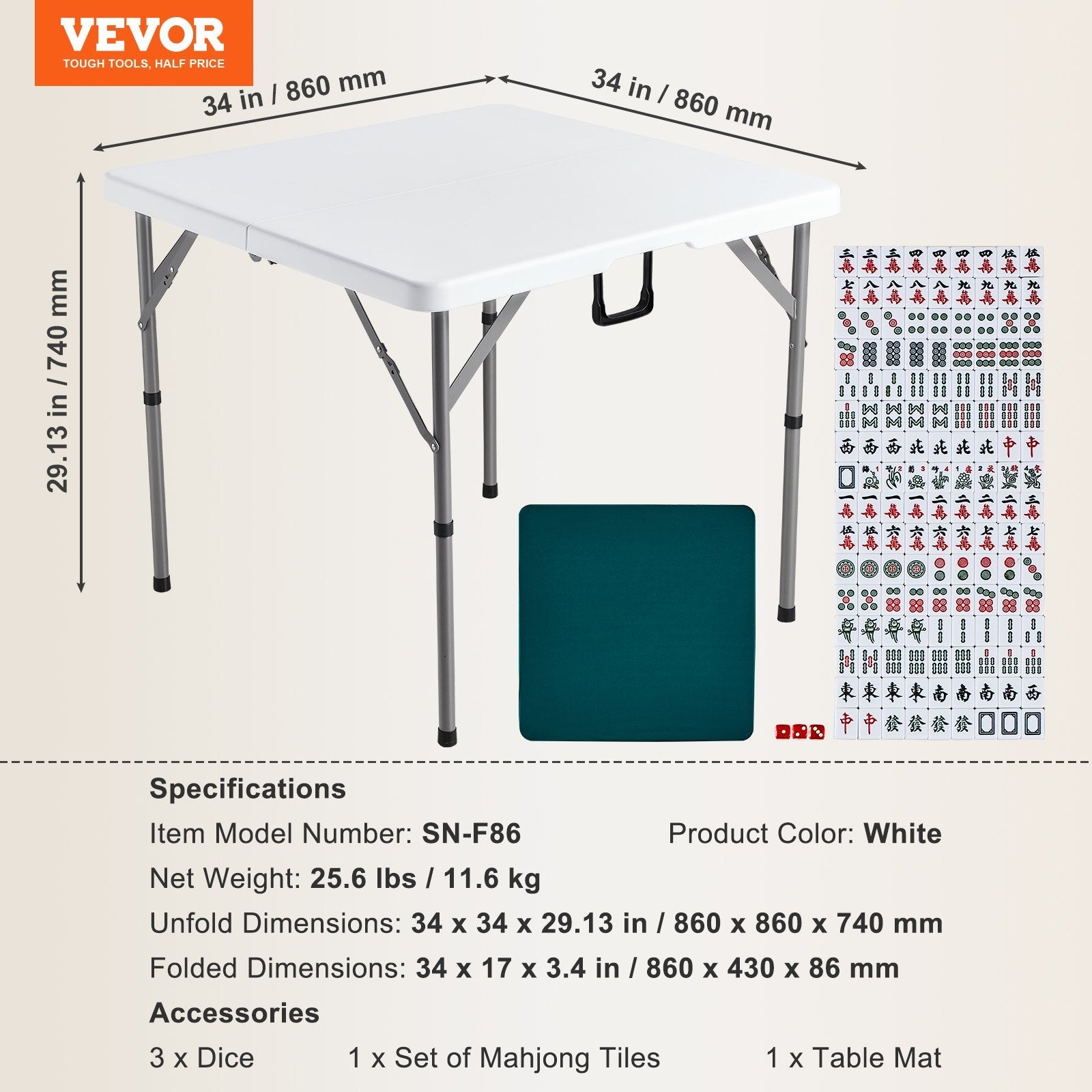 VEVOR Mahjong Table with Mahjong Tiles Set, Fold-in-Half 4 Player Card Table with 144PCS Majiang Tiles and 3 Dice, Portable Bi-Folding Domino Table with Wear-Resistant Green Tabletop & Carrying Handle 