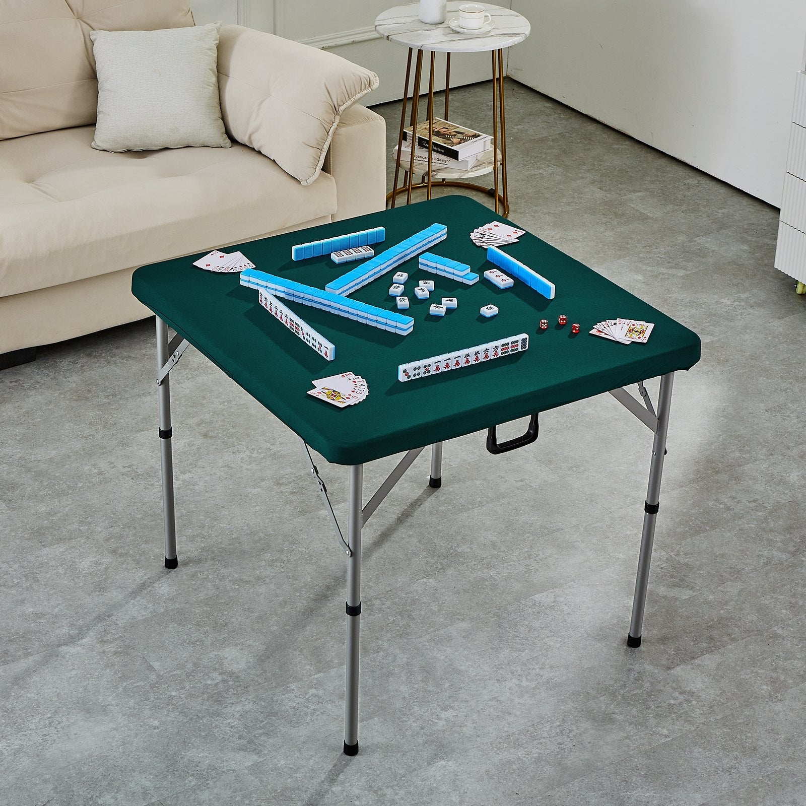 VEVOR Mahjong Table with Mahjong Tiles Set, Fold-in-Half 4 Player Card Table with 144PCS Majiang Tiles and 3 Dice, Portable Bi-Folding Domino Table with Wear-Resistant Green Tabletop & Carrying Handle 