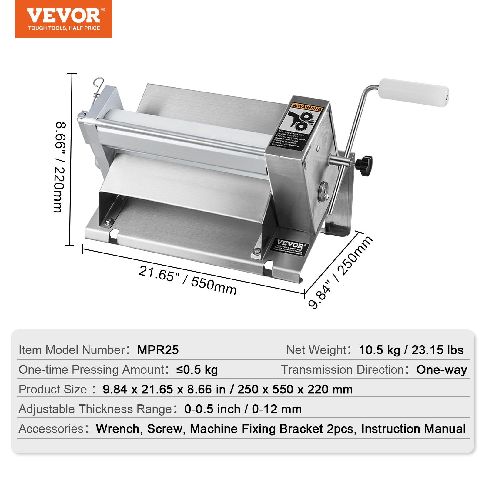 VEVOR Manual Dough Sheeter Machine Max 1/2" Dough Roller Pastry Press Machine 