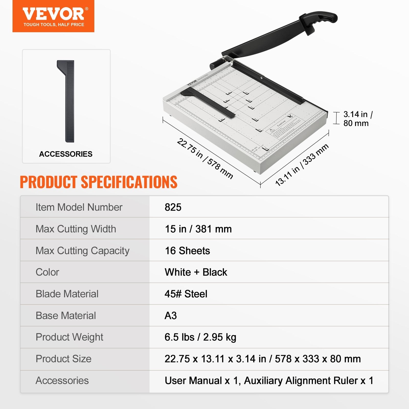 VEVOR Paper Cutter, Guillotine Trimmer, 15" Cut Length, 16 Sheets Capacity, Heavy Duty Guillotine Paper Cutter with Guard Rail/Blade Lock for Cardstock/Cardboard, Paper Trimmer for Home Office School 