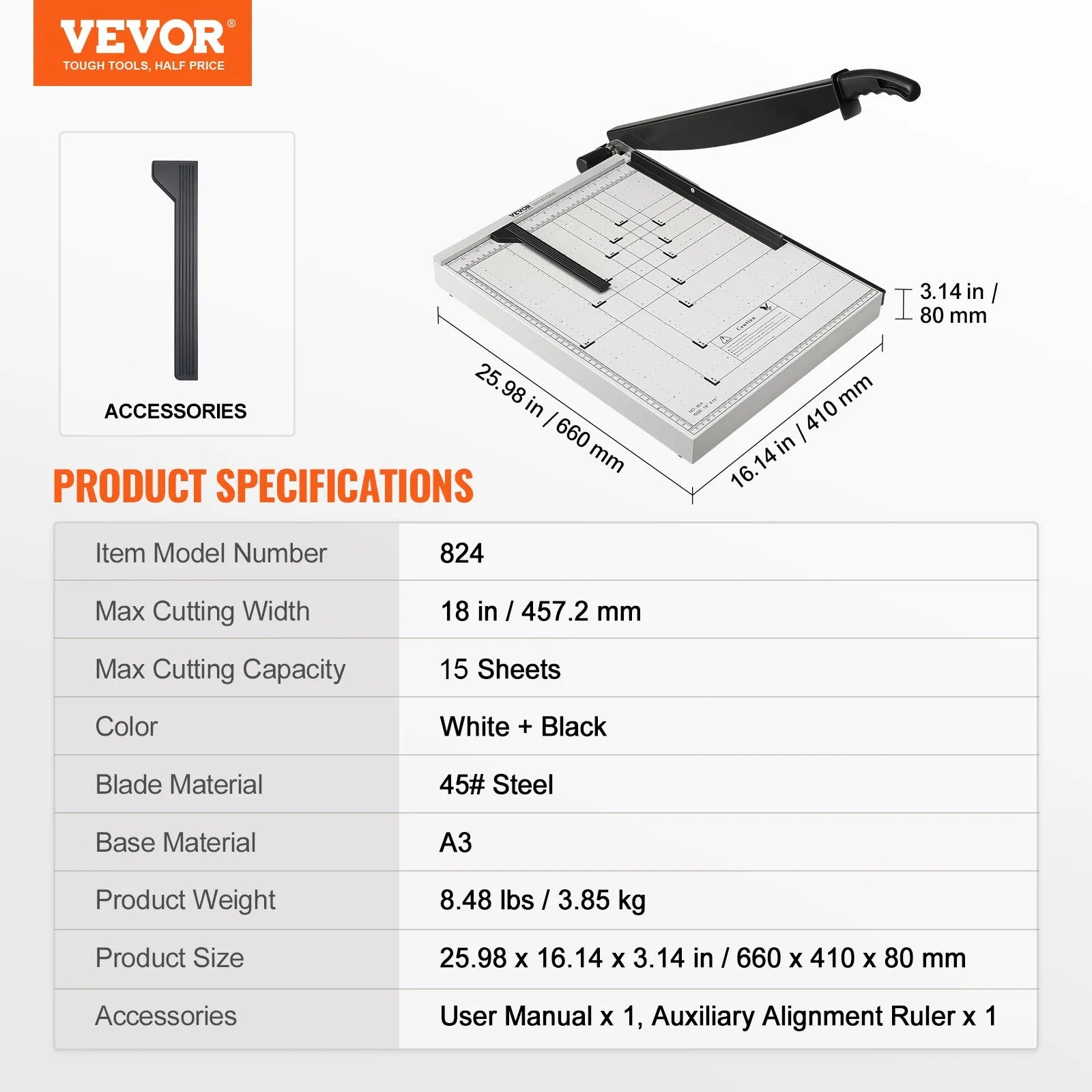 VEVOR Paper Cutter, Guillotine Trimmer, 18" Cut Length, 20 Sheets Capacity, Heavy Duty Guillotine Paper Cutter with Guard Rail/Blade Lock for Cardstock/Cardboard, Paper Trimmer for Home Office School