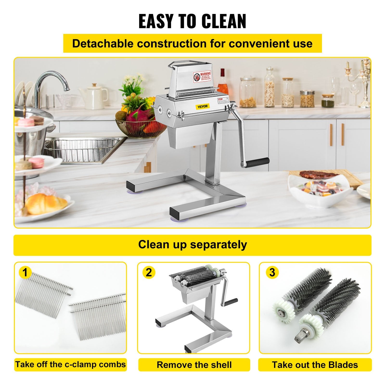 VEVOR Meat Tenderizer Machine, 5 in/12.5 cm Cutting Width, Manual Steak Tenderizer with Stainless Steel Blades and C-Clamp Combs, Heavy Duty Construction Used for Tendering Pork Beef Mutton 