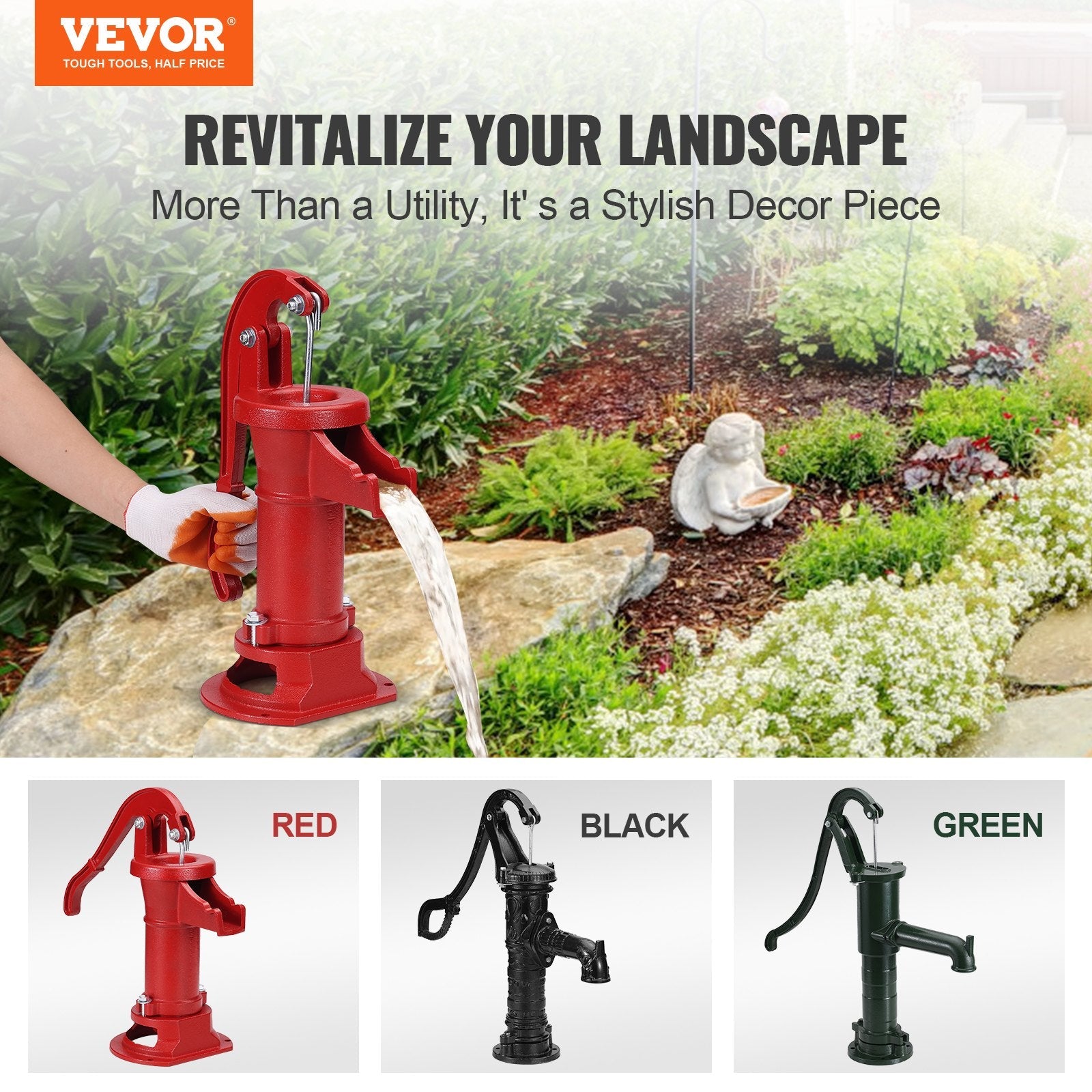 VEVOR Antique Well Hand Pitcher Pump, 25 ft Maximum Lift, Cast Iron Manual Hand Water Pump with Ergonomic Handle G1-5/8" Easy Installation, Old Fashioned for Outdoor Home Yard Garden Pond Farm, Red 