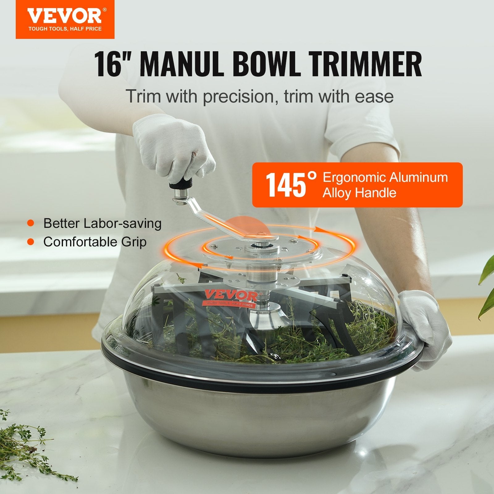VEVOR Leaf Bowl Trimmer, 16'' Trimmer Bowl, Manual Bud Trimmer with Stainless-Steel Blades for Twisted Spin Cut, Clear Visibility Dome, Foldable Herb Drying Rack and Hand Pruner Included 