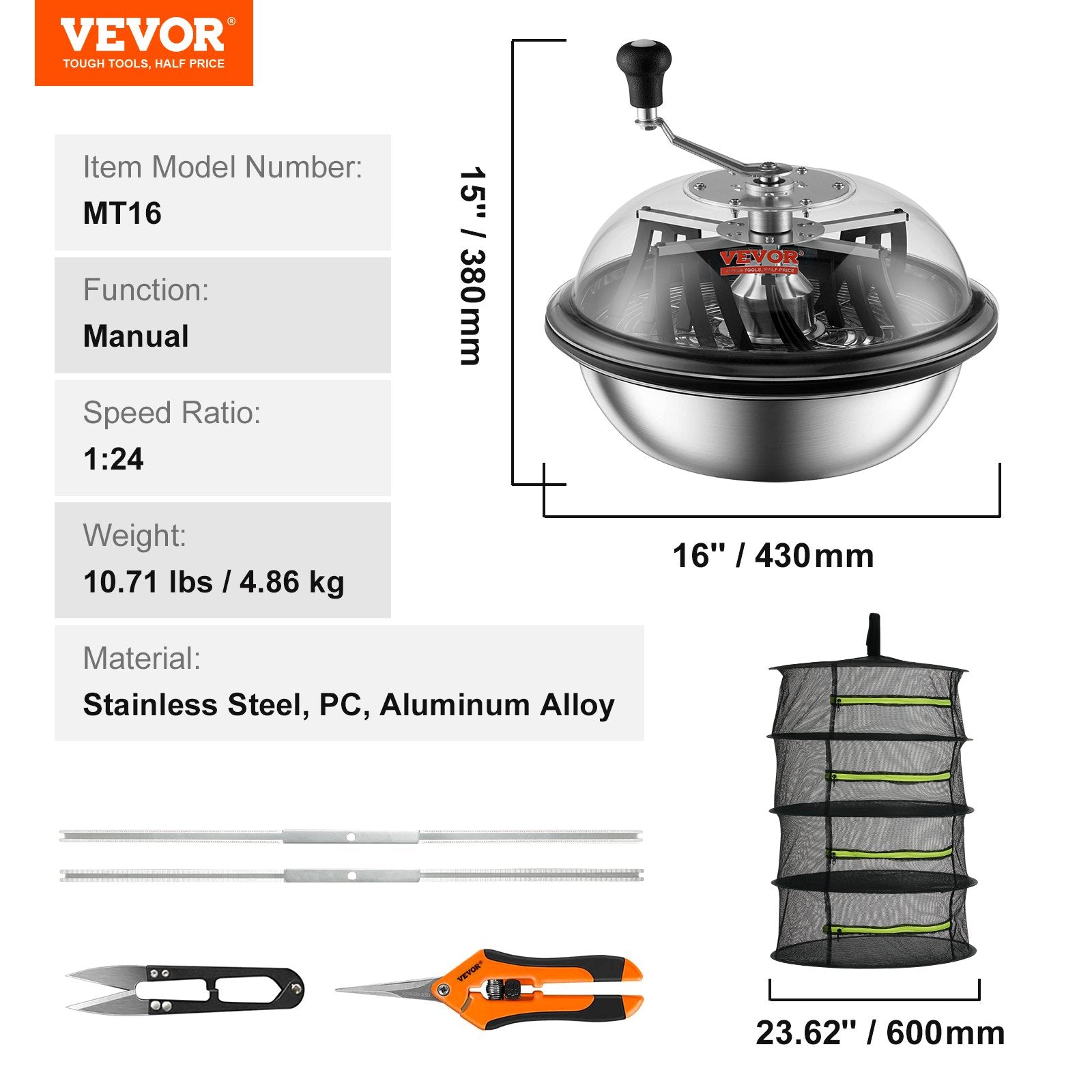 VEVOR Leaf Bowl Trimmer, 16'' Trimmer Bowl, Manual Bud Trimmer with Stainless-Steel Blades for Twisted Spin Cut, Clear Visibility Dome, Foldable Herb Drying Rack and Hand Pruner Included 