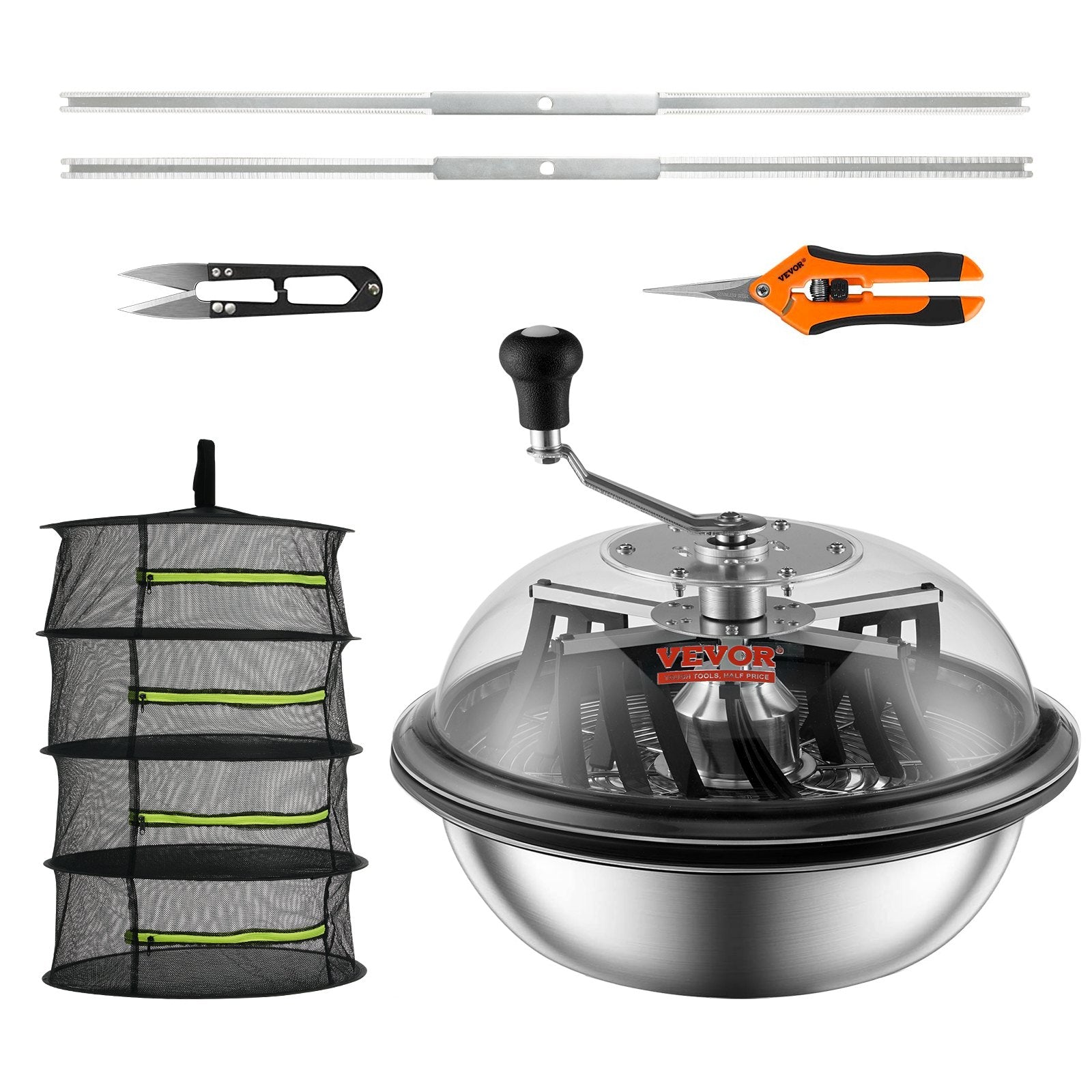 VEVOR Leaf Bowl Trimmer, 16'' Trimmer Bowl, Manual Bud Trimmer with Stainless-Steel Blades for Twisted Spin Cut, Clear Visibility Dome, Foldable Herb Drying Rack and Hand Pruner Included 