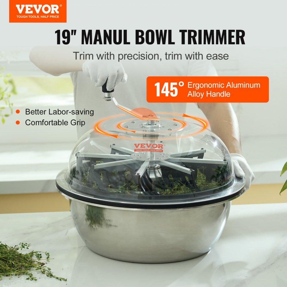VEVOR Leaf Bowl Trimmer, 19'' Trimmer Bowl, Manual Bud Trimmer with Stainless-Steel Blades for Twisted Spin Cut, Clear Visibility Dome, Foldable Herb Drying Rack and Hand Pruner Included 