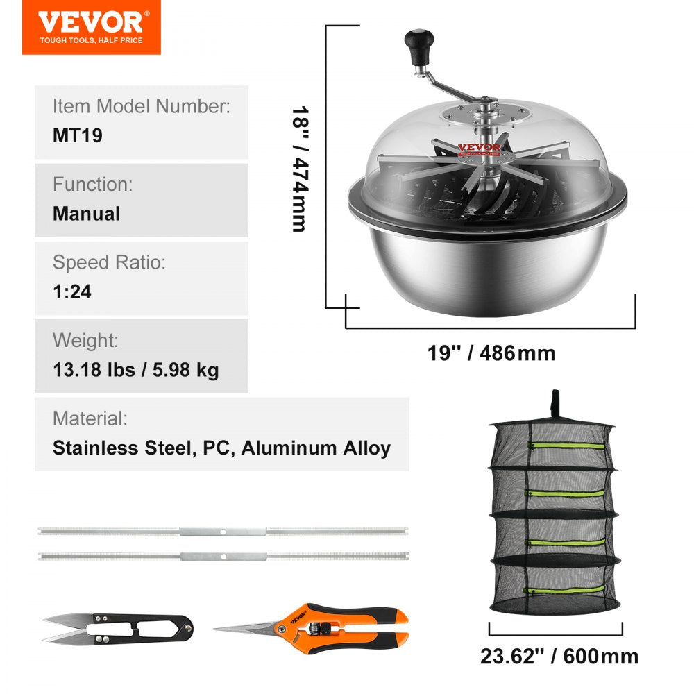 VEVOR Leaf Bowl Trimmer, 19'' Trimmer Bowl, Manual Bud Trimmer with Stainless-Steel Blades for Twisted Spin Cut, Clear Visibility Dome, Foldable Herb Drying Rack and Hand Pruner Included 