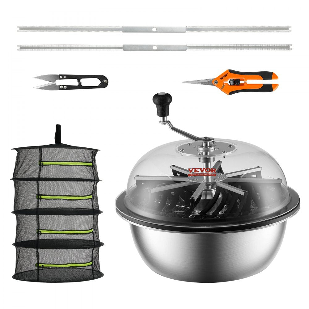 VEVOR Leaf Bowl Trimmer, 19'' Trimmer Bowl, Manual Bud Trimmer with Stainless-Steel Blades for Twisted Spin Cut, Clear Visibility Dome, Foldable Herb Drying Rack and Hand Pruner Included 