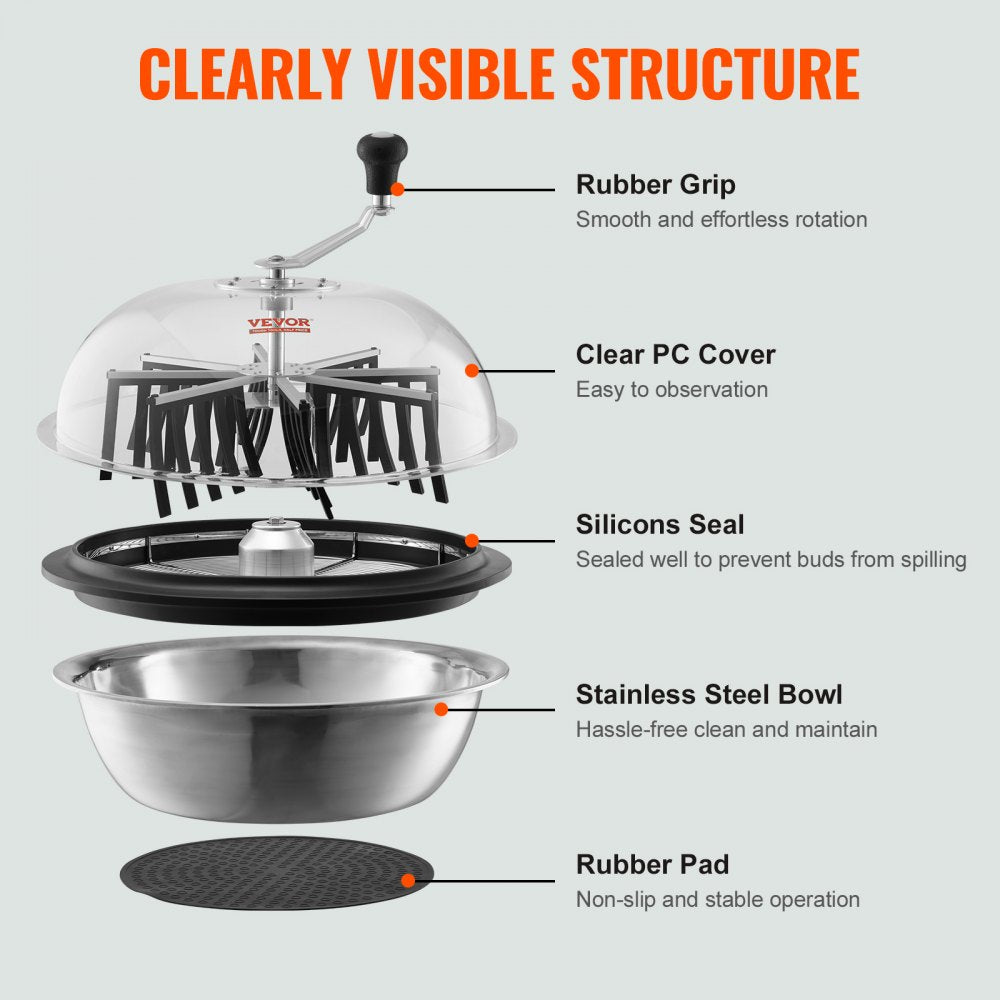 VEVOR Leaf Bowl Trimmer, 24'' Trimmer Bowl, Manual Bud Trimmer with Stainless-Steel Blades for Twisted Spin Cut, Clear Visibility Dome and Hand Pruner Included, for Cutting Leaves, Buds, Flowers 