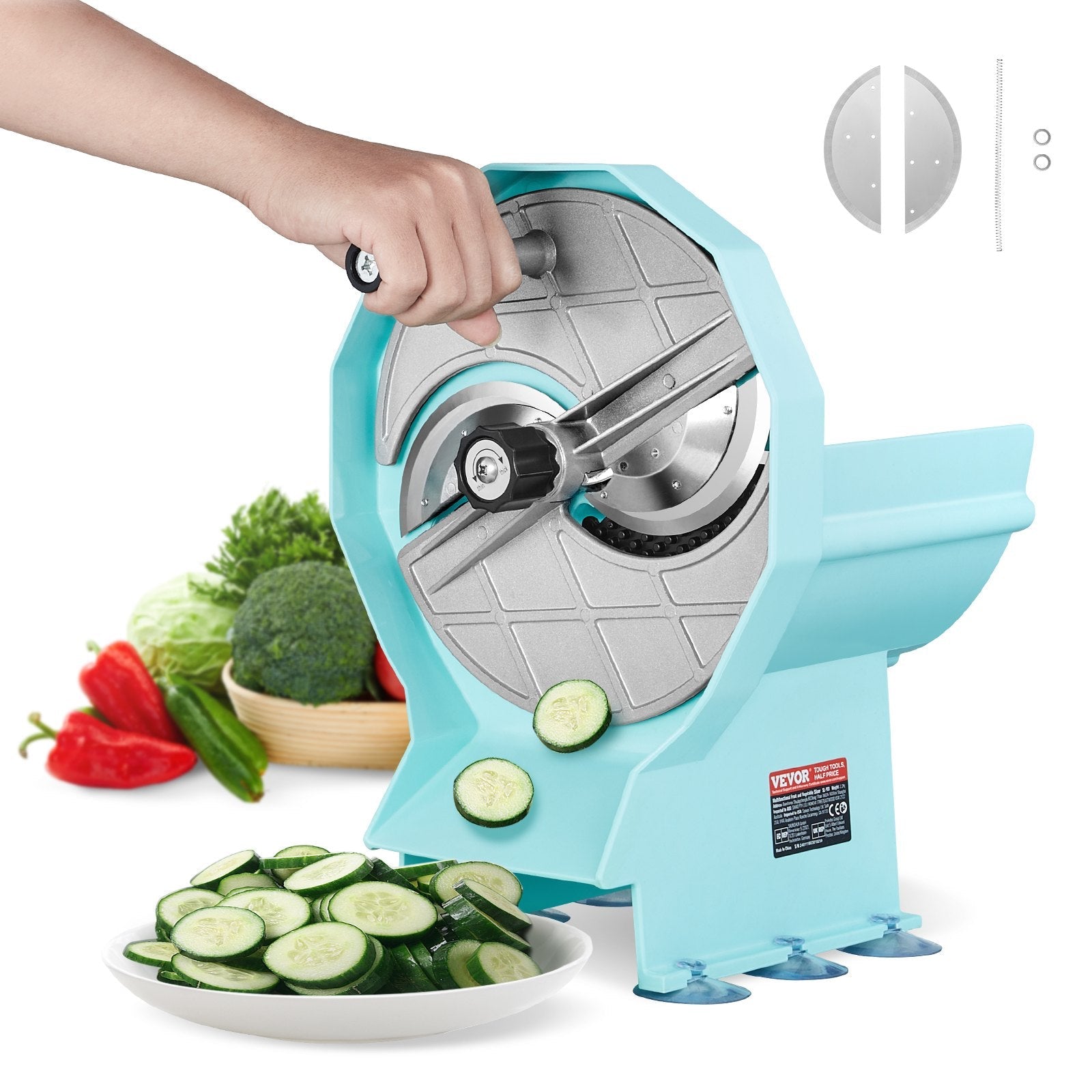 VEVOR Manual Vegetable Fruit Slicer, 0-0.5"/0-12mm Thickness Adjustable Commercial Slicer Machine, Double Feed Ports, Stainless Steel Blade Food Cutter Slicing Machine for Cucumber, Lemon, Tomato 