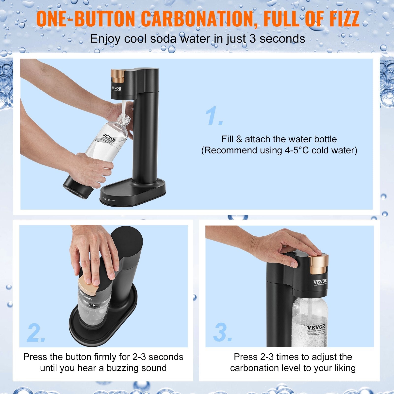 VEVOR Sparkling Water Maker, Soda Maker Machine for Home Carbonating, Seltzer Water Starter Kit with BPA free 1L PET Bottle, Compatible with Mainstream Screw-in 60L CO2 Cylinder(NOT Included), Black 