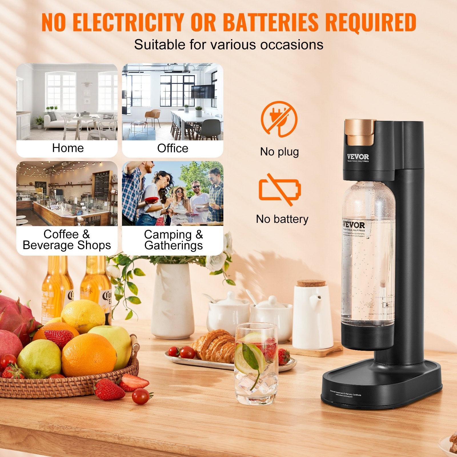 VEVOR Sparkling Water Maker, Soda Maker Machine for Home Carbonating, Seltzer Water Starter Kit with BPA free 1L PET Bottle, Compatible with Mainstream Screw-in 60L CO2 Cylinder(NOT Included), Black 
