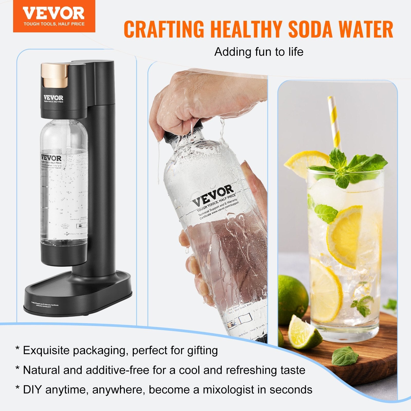 VEVOR Sparkling Water Maker, Soda Maker Machine for Home Carbonating, Seltzer Water Starter Kit with 2 BPA-free 1L PET Bottles, Compatible with Mainstream Screw-in 60L CO2 Cylinder(NOT Included) Black 
