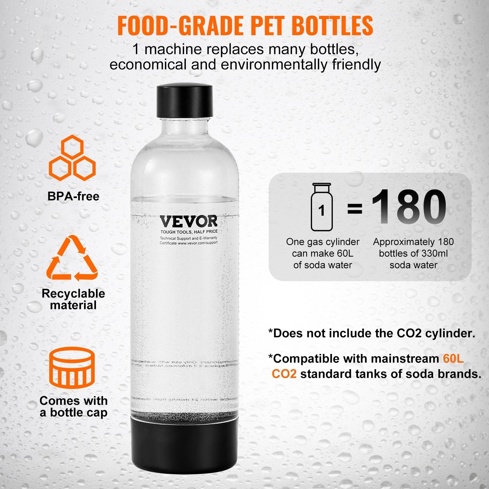 VEVOR Sparkling Water Maker, Soda Maker Machine for Home Carbonating, Seltzer Water Starter Kit with 2 BPA-free 1L PET Bottles, Compatible with Mainstream Screw-in 60L CO2 Cylinder(NOT Included) Black 