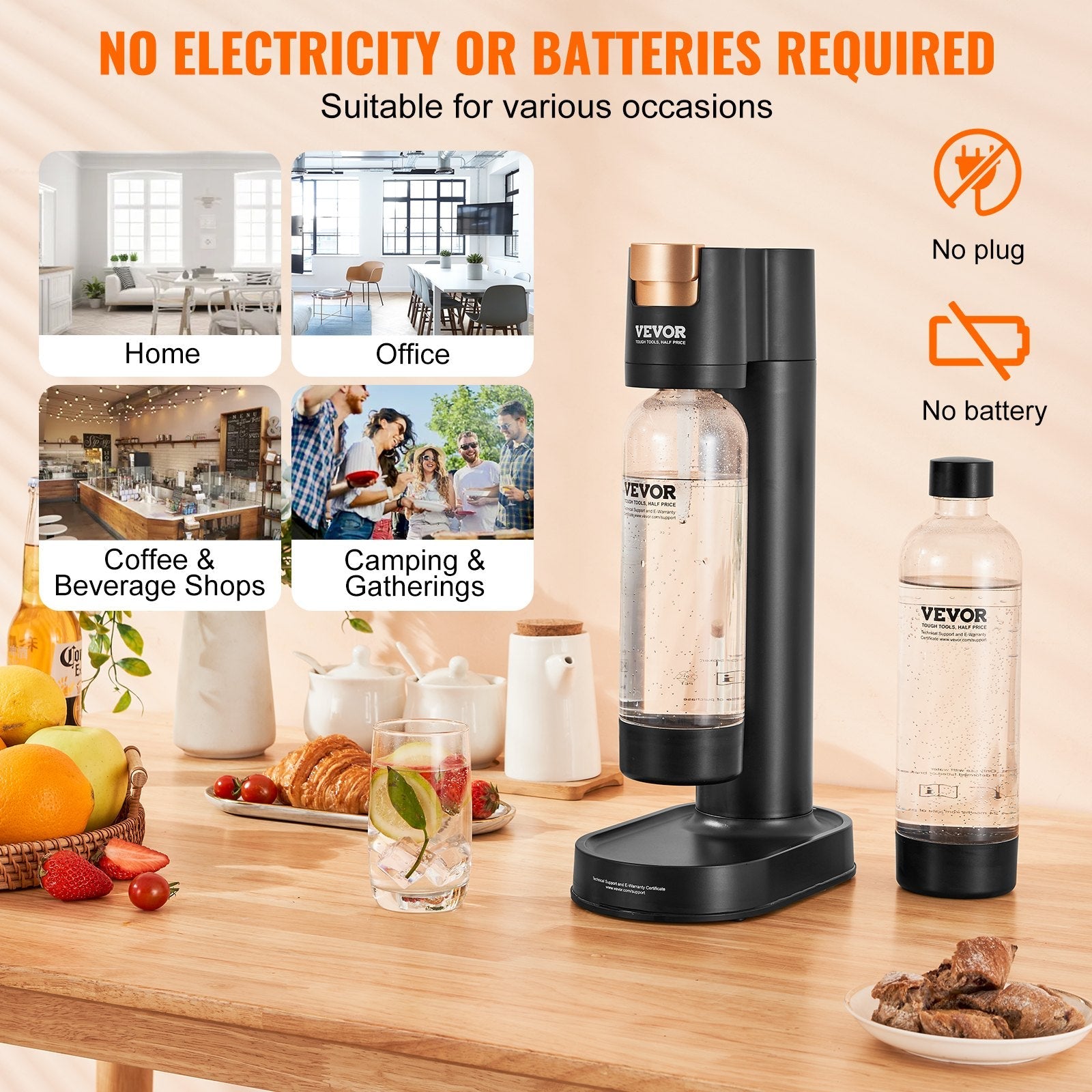 VEVOR Sparkling Water Maker, Soda Maker Machine for Home Carbonating, Seltzer Water Starter Kit with 2 BPA-free 1L PET Bottles, Compatible with Mainstream Screw-in 60L CO2 Cylinder(NOT Included) Black 