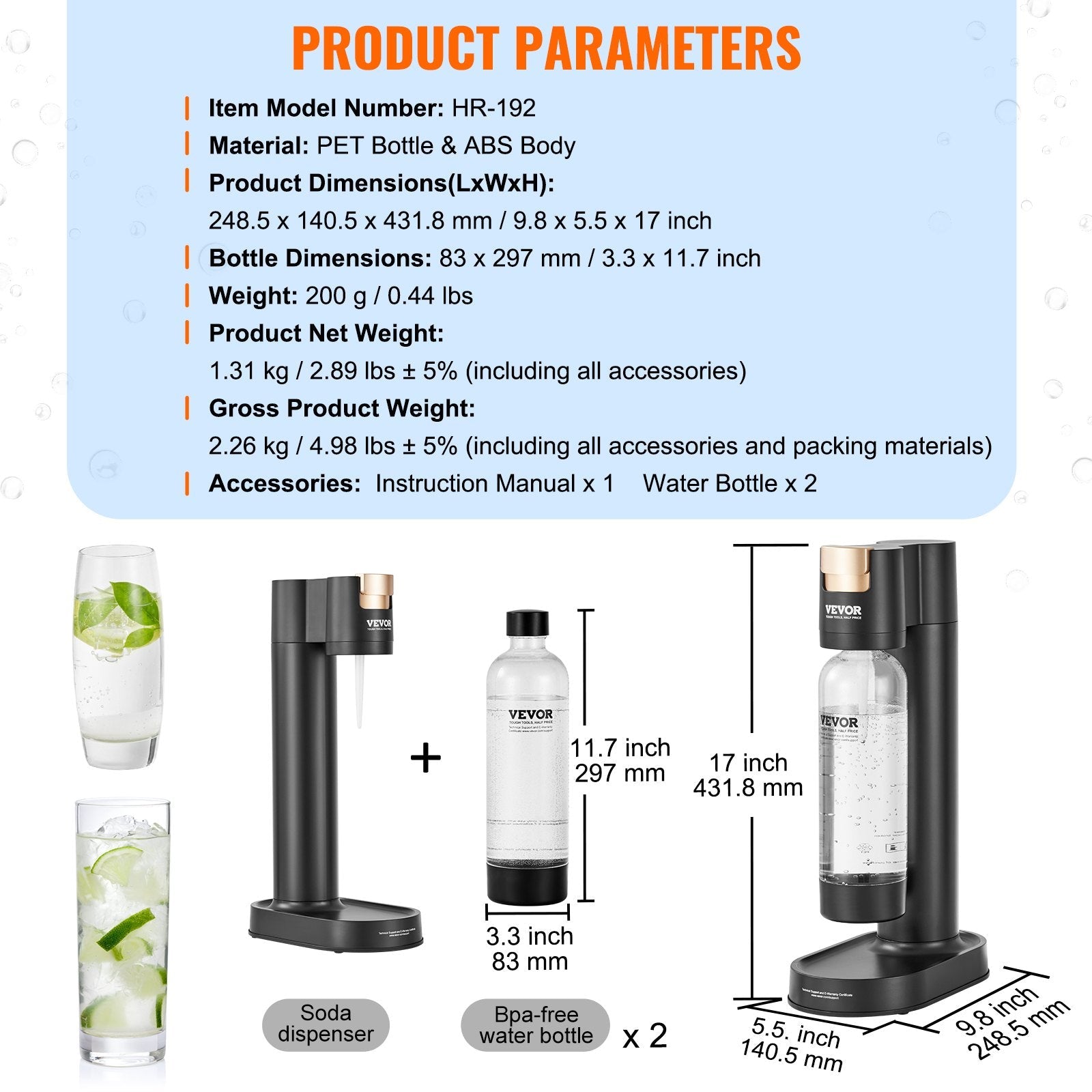 VEVOR Sparkling Water Maker, Soda Maker Machine for Home Carbonating, Seltzer Water Starter Kit with 2 BPA-free 1L PET Bottles, Compatible with Mainstream Screw-in 60L CO2 Cylinder(NOT Included) Black 