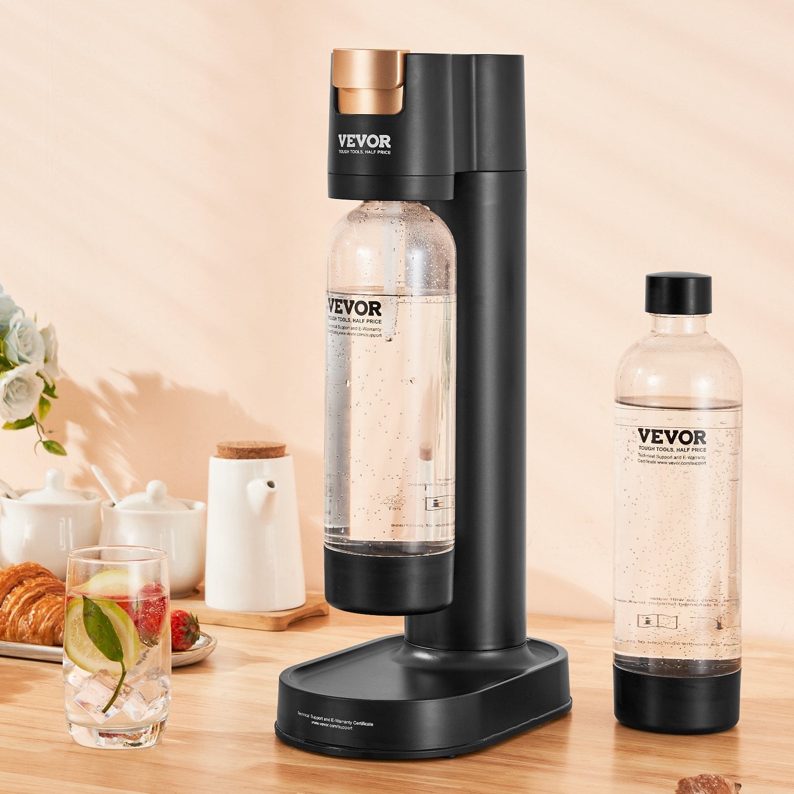 VEVOR Sparkling Water Maker, Soda Maker Machine for Home Carbonating, Seltzer Water Starter Kit with 2 BPA-free 1L PET Bottles, Compatible with Mainstream Screw-in 60L CO2 Cylinder(NOT Included) Black 