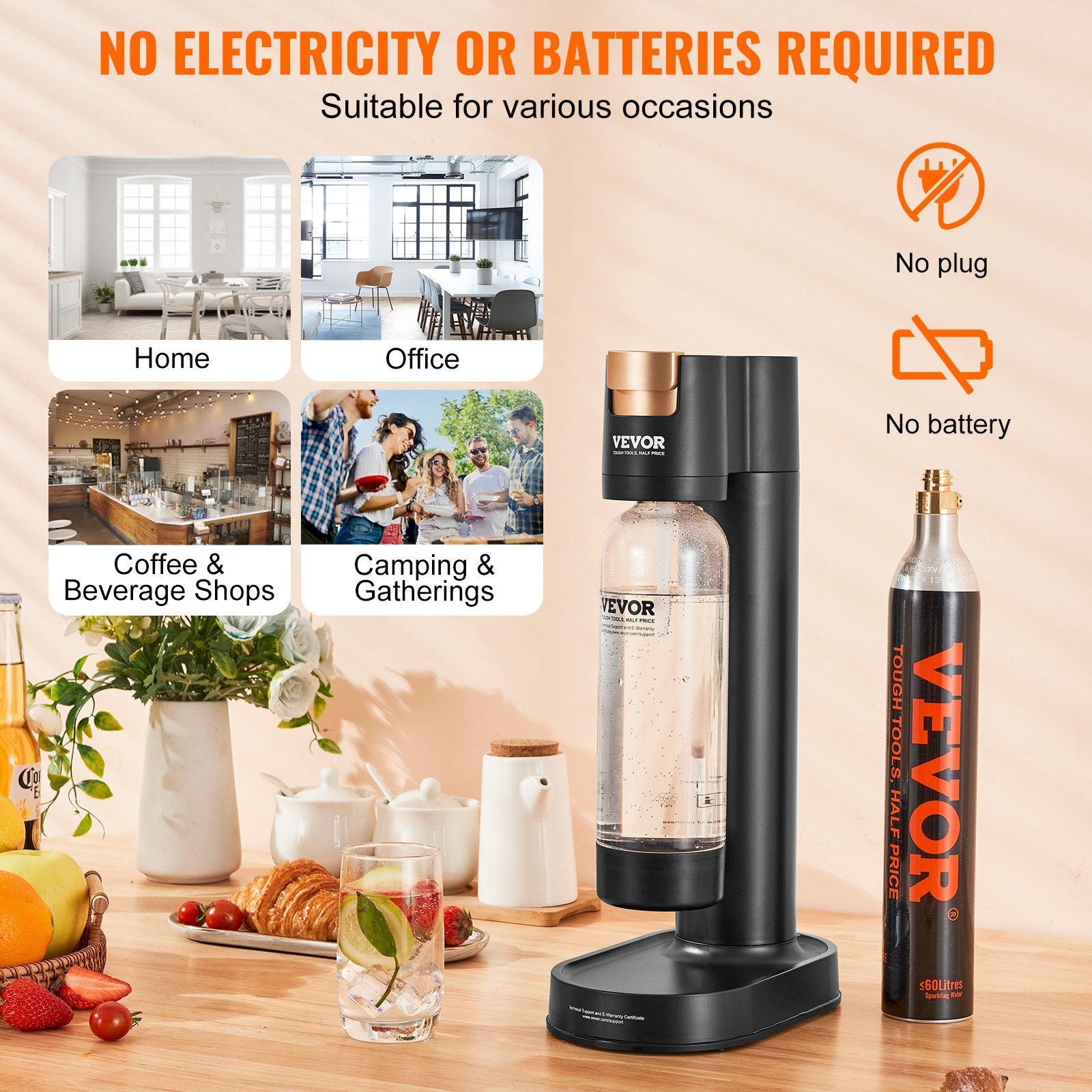 VEVOR Sparkling Water Maker, Soda Maker Machine for Home Carbonating, Seltzer Water Starter Kit with BPA-free 1L PET Bottle, CO2 Cylinder, Compatible with Mainstream Screw-in 60L CO2 Cylinder 